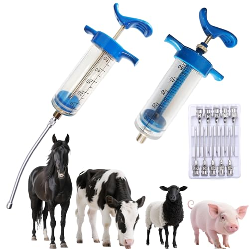 2Pcs 50ML Drencher Medicine, Reusable Adjustable Drench Gun Goat Syringe with Drench Gun Nozzle 10 Needles, for, Cattle, Sheep, Horse, Pig, Large Animal Feeding Syringe - size: 50ML