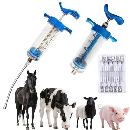 2Pcs 50ML Drencher Medicine, Reusable Adjustable Drench Gun Goat Syringe with Drench Gun Nozzle 10 Needles, for, Cattle, Sheep, Horse, Pig, Large Animal Feeding Syringe - size: 50ML