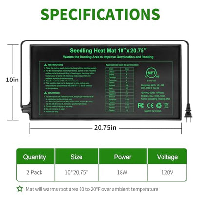 Upgraded MET Certified Seedling Heat Mat 10"x20.75",Waterproof Plant Heating Mat Heating Pad for Seed Germination,Hydroponic Heating Pad Seed Starter (2 Pack) - size: 10"x20.75" 2pack