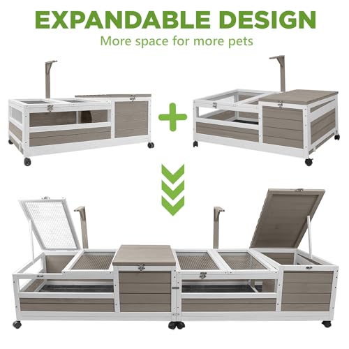 Tortoise Habitat with Lamp Holder in Indoor & Outdoor, Wooden Extensible Turtle Enclosure Table with 4 360° Lockable Wheels, Leakproof Tray, Openable Roof for Tortle, Lizard, Chameleon