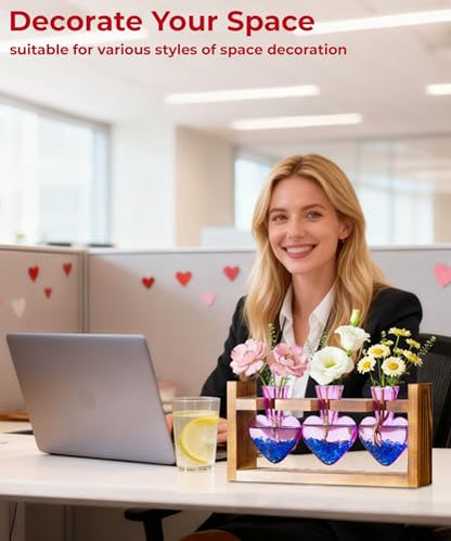 Nacome Plant Terrarium with Wooden Stand, 3 Heart Bulb Glass Vases | Wooden Stand Tabletop for Air Planter, Gifts for Mom Plant Lovers Mom Women Wife Grandma - color: Purple