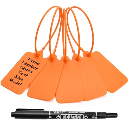 100 Orange Blank Plastic Tags for Labeling Waterproof Hanging Labels Writable Tags Seal Plastic Marking Label for Clothes Bags Keys Inventory with One Marker Pen - color: Orange, size: 100 PCS