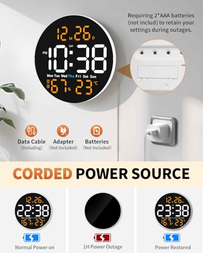 10 Inch Large Digital Wall Clock with 9 Color Changing Remote Control, Date Week Temperature, Auto Brightness Dimmer Big Clock Night Lights,Orange - color: Orange