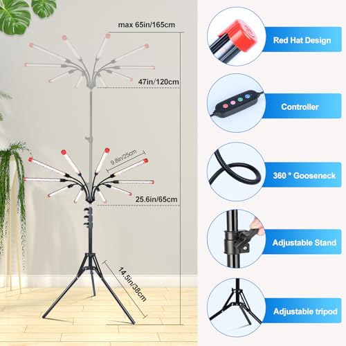 10Head Grow Light on Stand for Large&Tall Indoor Plants, Bonsai Tree, Bright and Big Coverage Plant Growing Lamps, 4/8/12/16/20H Timer, 90 Watt Power Draw, NO Need Adapter, 360° Gooseneck - size: 10Head Stand(90W)