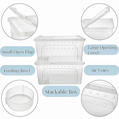 Tlence 2 Pack Critter Keeper, 12.6"x8.7"x6" Clear Plastic Enclosure Terrarium, Portable Transport Container with Feeding Bowl, Small Hatching Container with Ventilated Lid for Snake, Lizard, Gecko