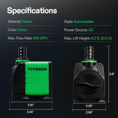 VIVOSUN 550GPH Submersible Fountain Water Pump for Pond, Aquarium, Statuary | 2000L/H, 35W, Ultra Quiet Water Pump with 8.2ft. High Lift and 6.5ft. Power Cord, 3 Nozzles for Hydroponics - size: 6"×4"-550