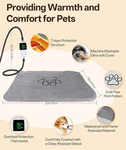Pet Heating Pad for Cats & Small Dogs with 12 Adjustable Temperature, Waterproof & Chew Resistant Cat Heating Pad with Timer, Heated Cat Bed with Fleecy Cover (S: 20” x 16”) - size: S: 20” x 16”