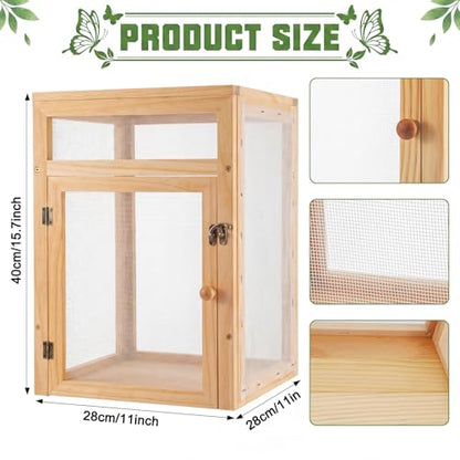 Wooden Butterfly Habitat Cage Kit Monarch Caterpillar Enclosure with Mesh Tent & Wood Frame, Detachable Insect Observation House for Kids Outdoor Garden(15.7") - size: 15.7"