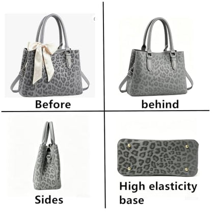 3 Compartment Satchel Purse Top Hnadle Bags Hobo Handbag for Women | Multi Compartment,Medium,Leopard Print Faux Fur,Detachable Shoulder Crossbody Strap,Work Office Daily,High elasticity base - color: Gray Leopard