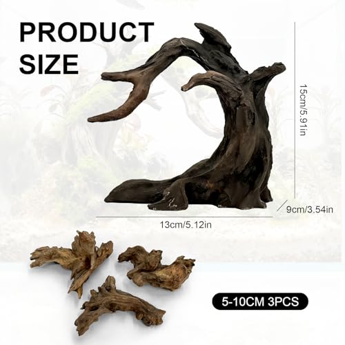 Aquarium Driftwood Decor Set - 1 Anubias Resin Model & 3Pcs Small Natural Driftwood 2-4 inch for Aquascaping, Fish Tank Landscape Design