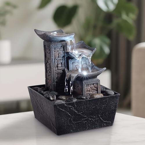 Tabletop Fountain Indoor Waterfall – 3-Tier Black Zen Decor with Pebble Base, White LED Light, Water Pump & On/Off Switch – Desktop Feng Shui Relaxation Gift for Home or Office (21110B) - color: 3-tier Tile