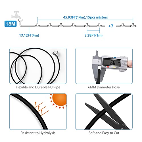 lifeegrn Misters for Outside Patio, Outdoor Misting System for Patio, 60 FT Misting Line+15 Mist Nozzles+3/4" Brass Adapter, Outdoor Mister System for Patio Garden Trampoline Greenhouse - size: 60 FT