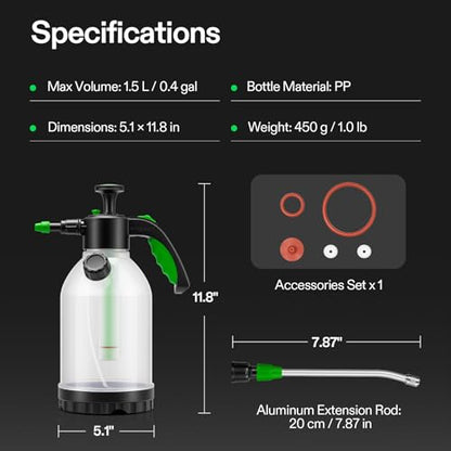 VIVOSUN 50oz Pump Sprayer, Portable Water Spray Bottle | for Spraying Plants, Flowers, Weeds and Cleaning, Hand Pump with Side Filling Port, Measuring Cup, Adjustable Nozzles - size: 50oz