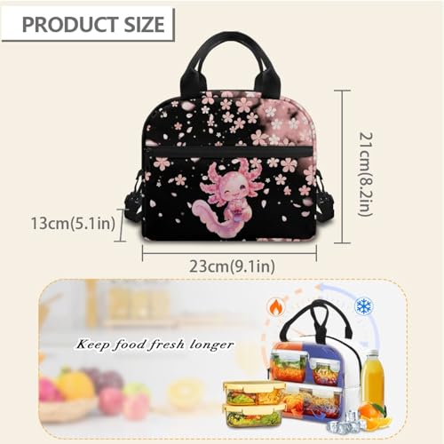 Lightweight Kids Lunch Bag Axolotl Print: Cherry Blossom Main Compartment Fits Lunch + Drink + Snack - Insulated Lining - Good for Aquarium Visit, Art Class & Birthday Party - color: Axolotl Cherry Blossom Print