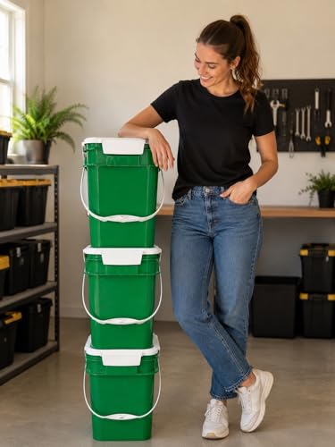 4 Gallon Square Food Grade Bucket Pail with Plastic Handles and Lid (Pack of 3) Made in USA containers (Green - White lids) - color: Green - White Lids