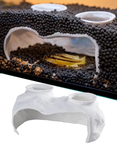 Dual-Entrance Rock-Texture Cave – Fish Tank Shelter & Aquarium Decor with 2 Tunnels, 6×3.4×2.3in (White) - color: White