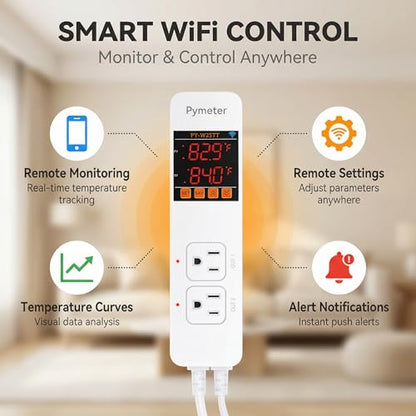 SmartLife/Tuya APP WiFi Temperature Controller with Dual Probes, Smart Digital Thermostat with Two Outlets for Reptile Heat Mat, Greenhouse Seedlings, Homebrew Fermentation, Cooling Fan