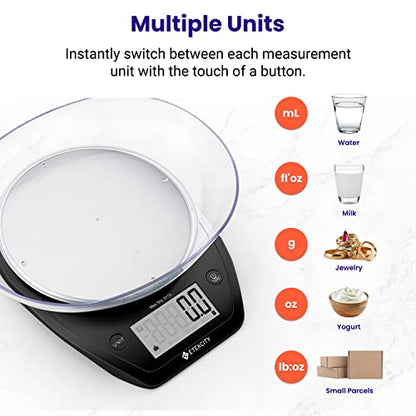 Etekcity 0.1g Food Scale, Bowl, Digital Grams and Ounces for Weight Loss, Dieting, Baking, Cooking, and Meal Prep, 11lb/5kg, Stainless Steel Black | 11lb/5kg capacity with tare, removable bowl, ideal for baking, coffee, meal prep and portion control, Stai