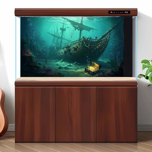Sunken Pirate Ship Aquarium Background Deep Sea Ocean Floor Sand Corals Treasure Chest Fish Tank Background Broken Masts Tattered Sails Aquatic Plants Terrarium Backgrounds for Tank Decors 24x12in - color: Blue_Green, size: 24(W)x12(H)inches/ 60(W)*30cm(H