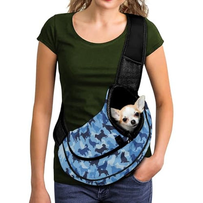 COEQINE Blue Camo Dog Carrier Sling for Small Dogs and Cats Adjustable Strap Cute Puppy Crossbody Purse Drawstring Dog Papoose Breatheable Front Facing Dog Tote Handbag - color: Blue Camo Cute Puppy Print