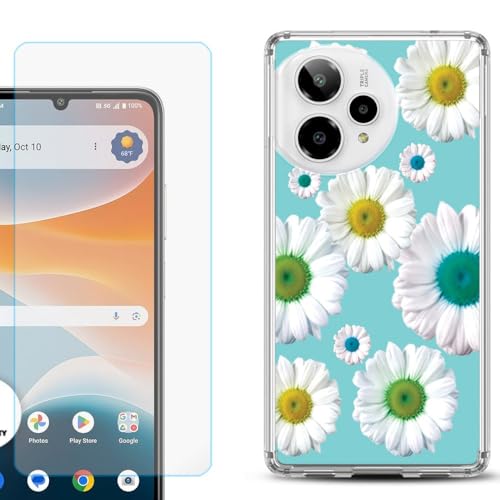 Shockproof Phone Case Compatible with Cricket Icon Pro 2026, w/Tempered Glass - Daisy/Teal - color: Daisy/Teal