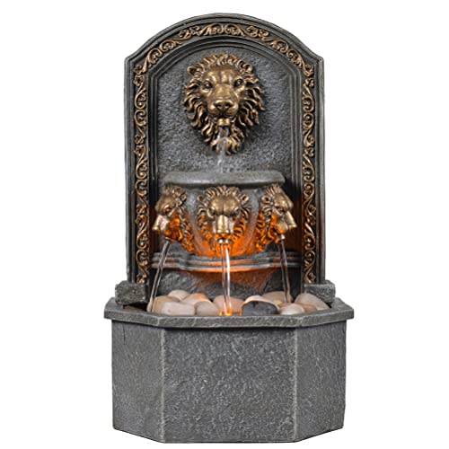 10.3 Inch Lion Head Tabletop Water Fountain, Classic Resin Indoor Zen Waterfall Fountain with Cobblestone, Soothing Water Sounds for Office and Home Decor (20135) - color: Yellow