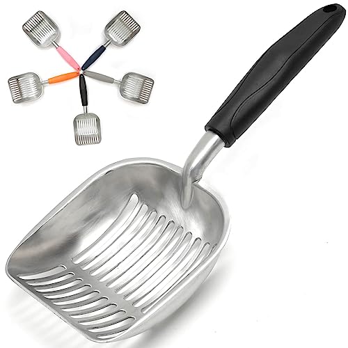 Cat Litter Scoop, Kitty Metal Scooper, Aluminum Alloy Sifter, Kitten Pooper Lifter, Deep Shovel, Long Handle, Poop Sifting, Durable, Heavy Duty, for Litter Box - color: Flat Aluminum-Black Handle, size: Large