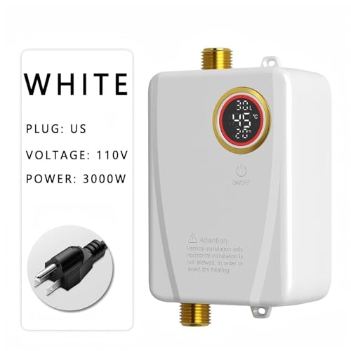 Tankless Water Heater Electric 110V, 3000W Instant Portable On-Demand Hot Water for Sink, RV Kitchen, Camping, Digital Display (White), Lower Flow = Higher Heat