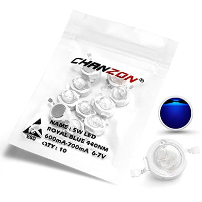 CHANZON 10 pcs High Power Led Chip 5W Royal Blue Plant Grow Light | (440nm - 450nm / 600mA - 700mA / DC 6V - 7V / 5 Watt) SMD COB Emitter Diode Components for DIY Hydroponic Aquarium Growing - color: J) Royal Blue (440nm)