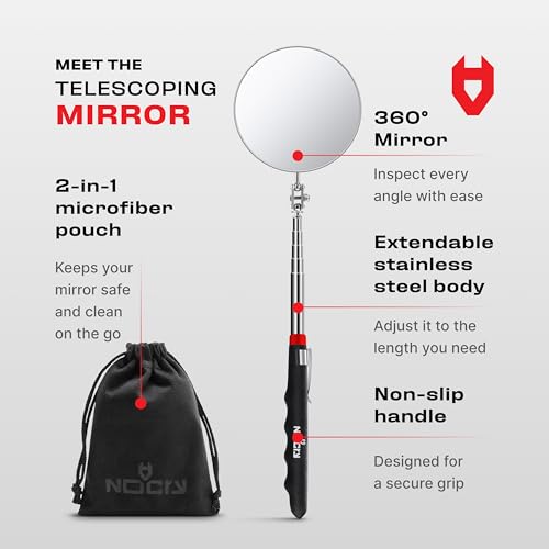 NoCry Heavy Duty Telescoping Inspection Mirror — 3.23 Inch Round Mirror on a Stick; 2-in-1 Storage Pouch; Extendable Mirror up to 30in; Non-Slip Handle; 360° Inspection Mirror Telescoping Swivel Head - style: Telescoping Inspection Mirror