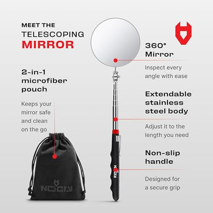 NoCry Heavy Duty Telescoping Inspection Mirror — 3.23 Inch Round Mirror on a Stick; 2-in-1 Storage Pouch; Extendable Mirror up to 30in; Non-Slip Handle; 360° Inspection Mirror Telescoping Swivel Head - style: Telescoping Inspection Mirror