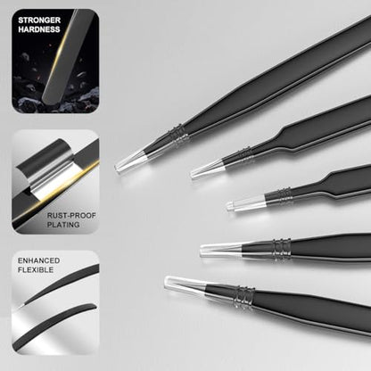 Antonki 12-in-1 Precision Metal Tweezers Set with Leather Case | High Quality, 1.5mm Thick, Strong Hardness, Rustproof, Anti-Static, Tips Cover, Complete Set, Portable Design - color: Precision Tweezers 12 Pack W/ Case - Full Black