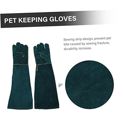 2Pcs Cowhide Pet Training Gloves Bite Protective Gloves for Reptiles Animals Dark Green Comfortable Flexible Design for Handling
