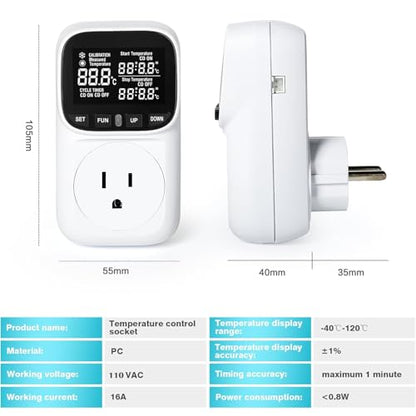 KABASI Digital Temperature Controller, Only Fahrenheit Dispaly with Sensor | Heavy Duty 15A Thermostat Outlet, Heating Cooling Control Timer Plug Socket for Greenhouse Refrigerator Terrarium Aquarium