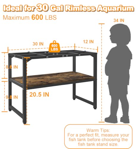 Mondazie 20-30 Gallon Fish Tank Stand, 30" L x 12" W x 20.5" H, Black | Rimless Aquarium Stand with Shelf for Storage, 2 Tiers Breeder Tank Turtle Reptile Terrarium Stand Rack for Home Office