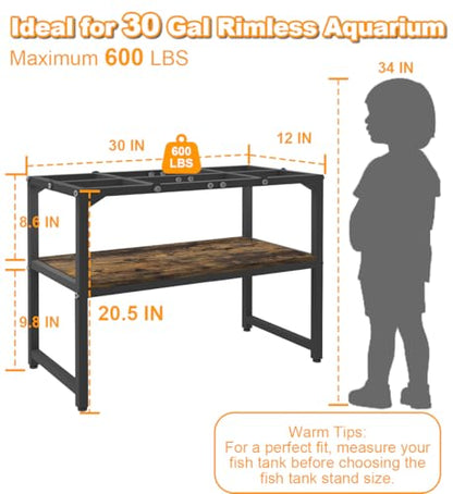 Mondazie 20-30 Gallon Fish Tank Stand, 30" L x 12" W x 20.5" H, Black | Rimless Aquarium Stand with Shelf for Storage, 2 Tiers Breeder Tank Turtle Reptile Terrarium Stand Rack for Home Office