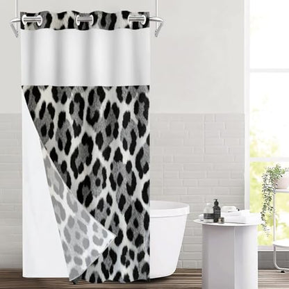 Pink Leopard Print No Hooks Shower Curtain with Snap in Liner Set, Animal Nature Cat Wildlife Fur Tub Curtainn Mesh Top Window & Magnetic Hem Waterproof 35.5X74 Inch - color: Animal Leopard Print Black2, size: 35.4"W x 74"L (Pack of 1)