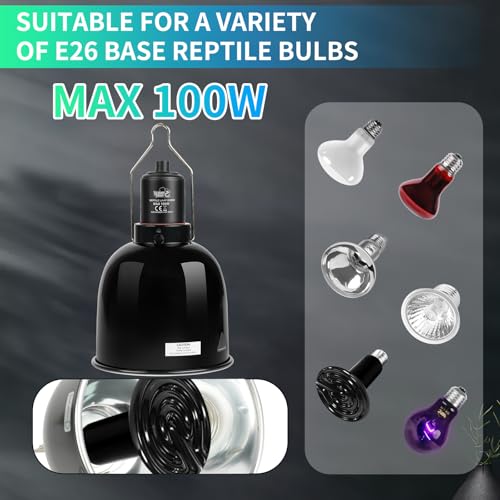 LUCKY HERP Reptile Light Fixture with Dimming Thermostat & Timer, Aluminum 5.5inch Deep Dome Reptile Lamp Fixture, Heat Lamp Fixture for Reptile Bulb Basking Heat Bulb, Max 100W - size: 5.5 Inch