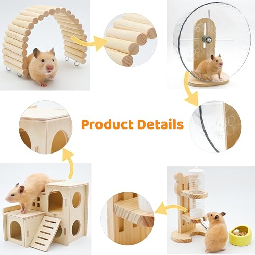 9 Pcs Hamster Cage Accessories, Silent Hamster Wheel, Wooden House and Platform, Wooden Fence, Water Bottle Set, Ceramic Food Bowl, Bath Sand Container, Mini Cleaner for Rat Mice Small Animals Habitat