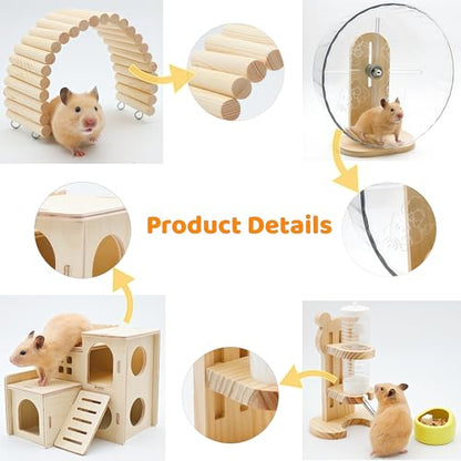 9 Pcs Hamster Cage Accessories, Silent Hamster Wheel, Wooden House and Platform, Wooden Fence, Water Bottle Set, Ceramic Food Bowl, Bath Sand Container, Mini Cleaner for Rat Mice Small Animals Habitat