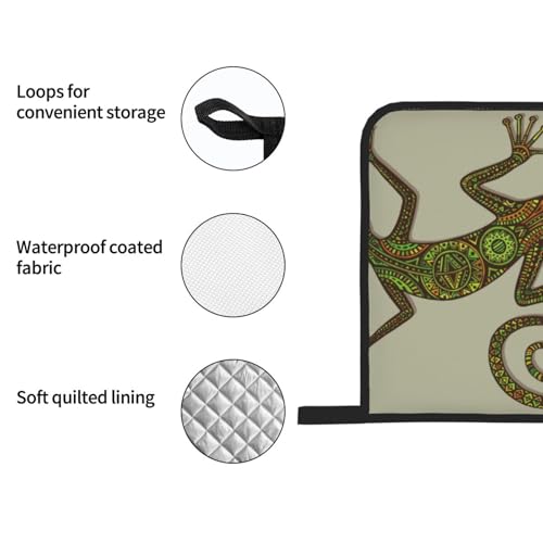 Reptiles Ornamental Colorful Lizard with Ethnic Patterns Exotic 4 Pack Oven Mitts and Pot Holders Set, Thick Polyester Heat Resistant Kitchen Gloves for Baking BBQ Grilling