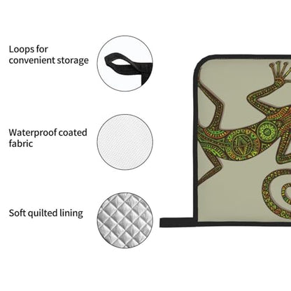 Reptiles Ornamental Colorful Lizard with Ethnic Patterns Exotic 4 Pack Oven Mitts and Pot Holders Set, Thick Polyester Heat Resistant Kitchen Gloves for Baking BBQ Grilling