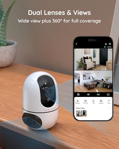 VIRTAVO Pet Camera Indoor No Subscription, for Dog Cat Baby, 360° PTZ | Dual Lens Dual View, Auto Motion Tracking, 2-Way Audio, Night Vision, Phone App, SD & Cloud Storage, Wired