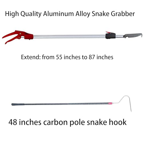 55‘’-87‘’Telescopic Snake Tong Reptile Grabber,Aircraft-Grade Aluminum Alloy Rattle Snake Catcher Wide Jaw Handling Tool with Lock，Also Get a 48‘’ Carbon Rod Snake Hook
