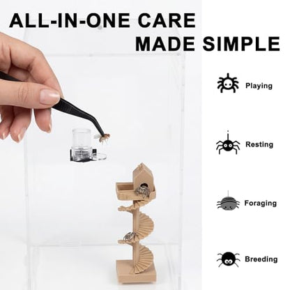 3Pcs Jumping Spider Enclosure Accessories Mini Spider House with Spiral Stair Feeding Dish Water Dispenser and Feeding Tongs Jumping Spider Hide Decor for Spider Enclosure Terrarium Habitat Kit