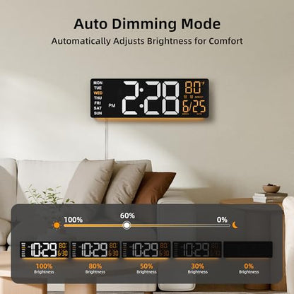 EASYERA 16.5" Large Digital Wall Clock with Low-Glare Display, 10 RGB Modes | BT Sync, Auto DST, Adjustable Brightness, Dual Alarms, Remote Control, Temperature for Living Room, Classroom, Home, Office