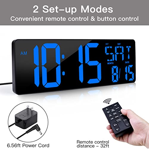 XREXS 17.2 Inch Large Digital Wall Clock with Remote Control | LED Large Display Count Up & Down Timer, Adjustable Brightness Plug-in Alarm Clock with Temperature for Home, Gym, Office - color: Blue
