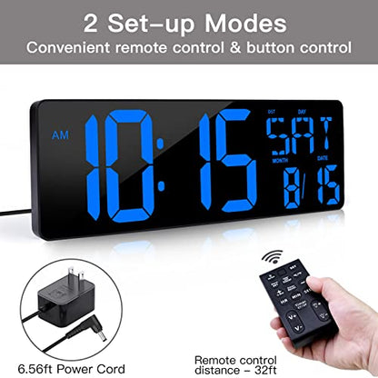 XREXS 17.2 Inch Large Digital Wall Clock with Remote Control | LED Large Display Count Up & Down Timer, Adjustable Brightness Plug-in Alarm Clock with Temperature for Home, Gym, Office - color: Blue