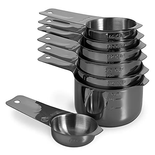 7-Piece 18/8 Stainless Steel Measuring Cups Set, Dark Gray | Includes 1/16, 1/4, 1/3, 1/2, 2/3, 3/4 and 1 Cup, Engraved US and Metric Markings, Pour Spouts and Ring Connector - color: Dark Gray, size: 7 Piece