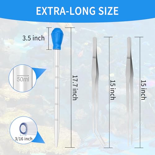 2 Piece Aquarium Coral Feeder with 2 Piece Stainless Steel Feeding Long Tweezers Syringe Spot Coral Feeder Reptile Feeding Tools for Aquatic Plant Reef Anemones Lionfish (Blue, Silvery) - size: 17.7 in Pipette (2 Pieces) + Tweezers (2 Pieces)